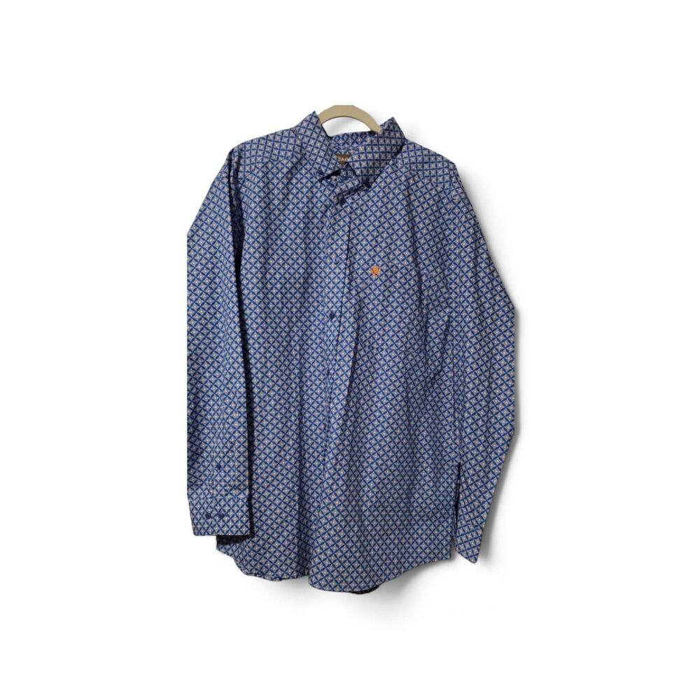 Ariat Mens XL Blue Geometric Print Stretch Long Sleeve Western Button Shirt